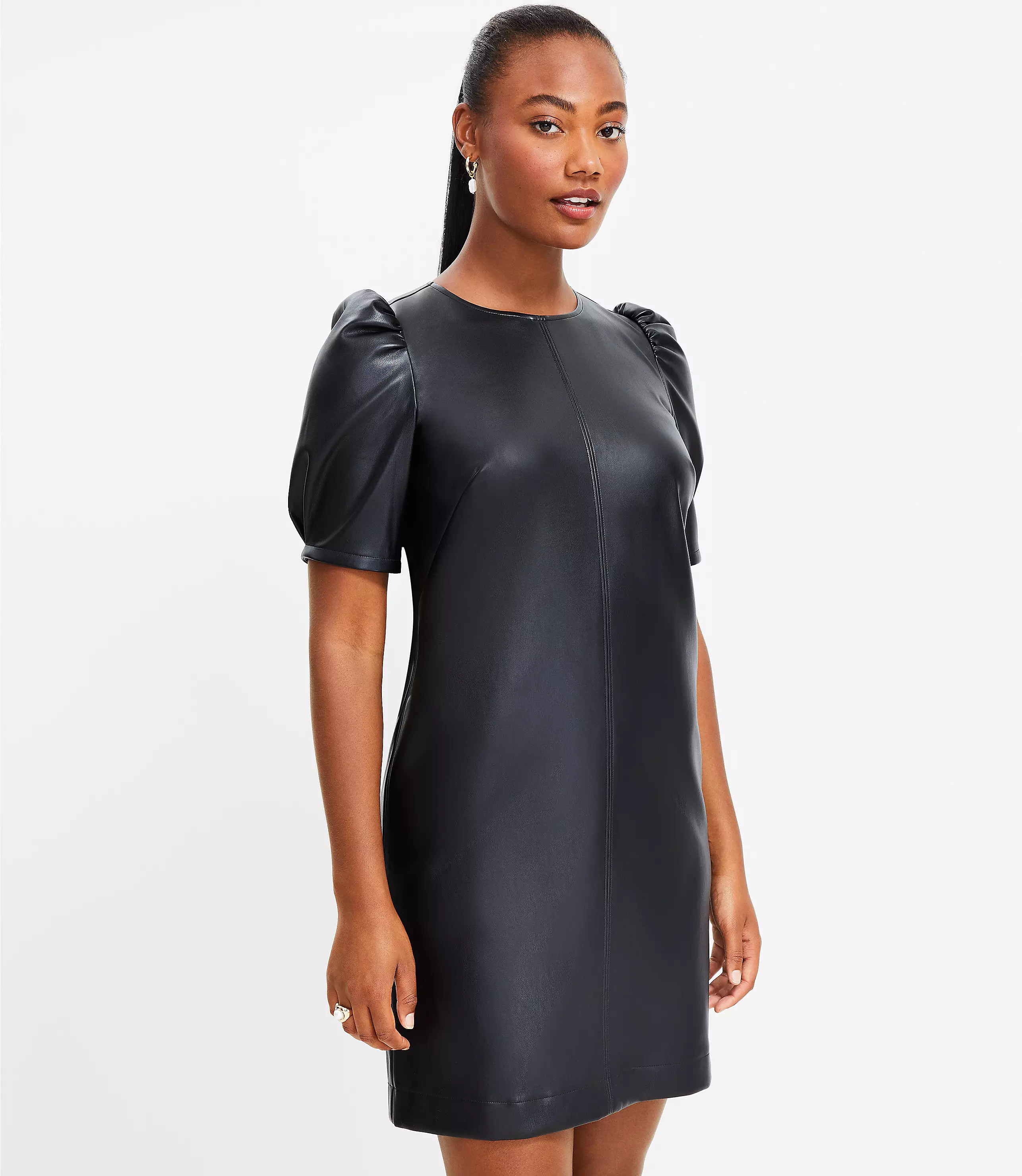 Faux Leather Ruched Sleeve Shift Dress | LOFT