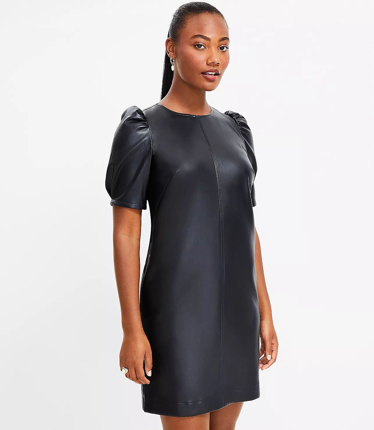 Faux Leather Ruched Sleeve Shift Dress | LOFT