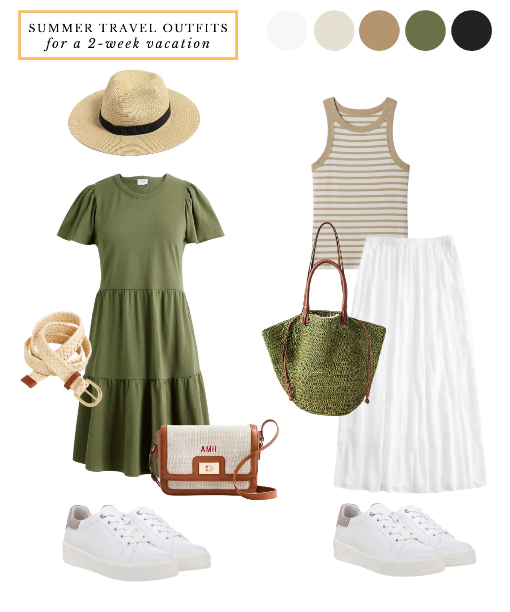 Summer travel outfits, travel capsule wardrobe // midi dress, tiered white skirt, olive green and white 

#LTKtravel #LTKover50style #LTKsummer