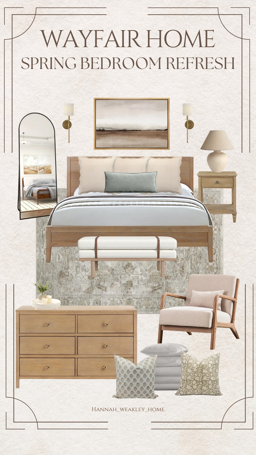 bedroom design | bedroom decor | neutral bedroom | spring refresh | bedding | dresser | wayfair finds | cozy bedroom | primary bedroom | guest bedroom | accent chair | bench | bedside table | wood furniture | wayfair creator 