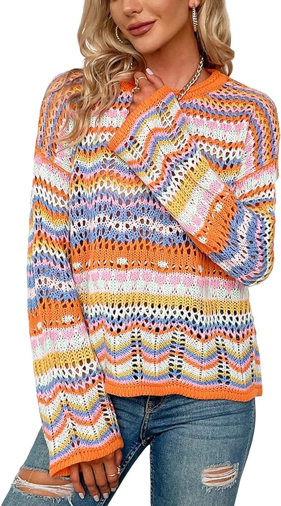Women Colorful Knit Pullover Crochet Knitted Y2K Long Flared Sleeve Casual Sweater Rainbow Stripe... | Amazon (US)