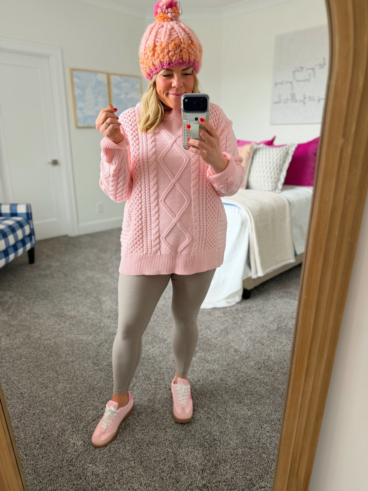 cozy winter outfit, chunky knit sweater, pink pom beanie, trendy outfit, pink outfit, women’s fashion, leggings, cold weather outfit, ootd 

#LTKootd #LTKSeasonal