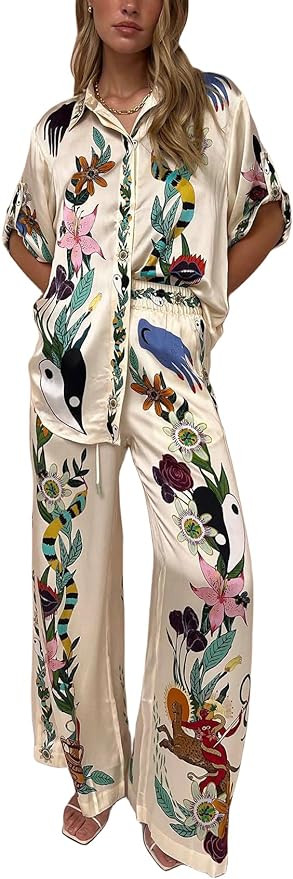 Womens Summer Print 2 Piece Linen Sets Boho Short Sleeve Button Shirt Wide Leg Pants Outfits Paja... | Amazon (US)