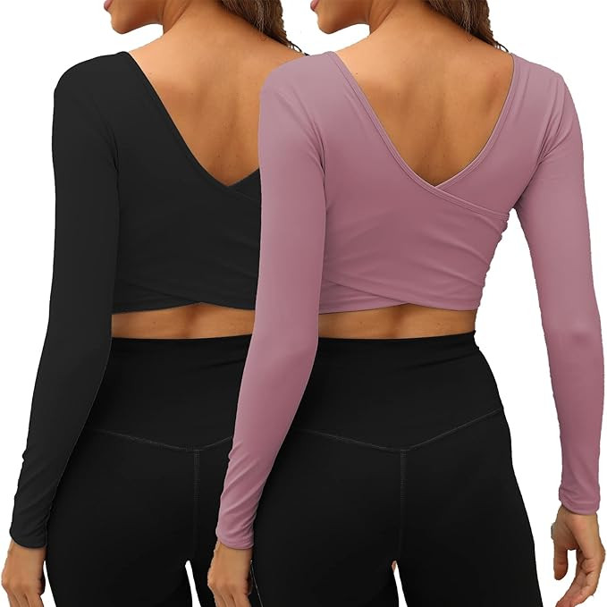 Women's Crop Tops Workout Long Sleeve Shirts 2 Pack Gym Dry Fit Athletic Yoga Cross Back Sport Co... | Amazon (US)