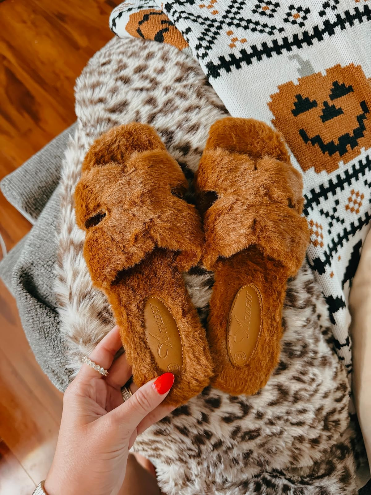 Athlefit Fuzzy Slippers for Women Open Toe Indoor House Slippers for Women | Faux Furry, TPR Outsole, Nonslip, Easy Slip On, Plush Fluffy Lining, All-Day Comfort, Home, Bedroom, for Women Fall Winter | Amazon (US)