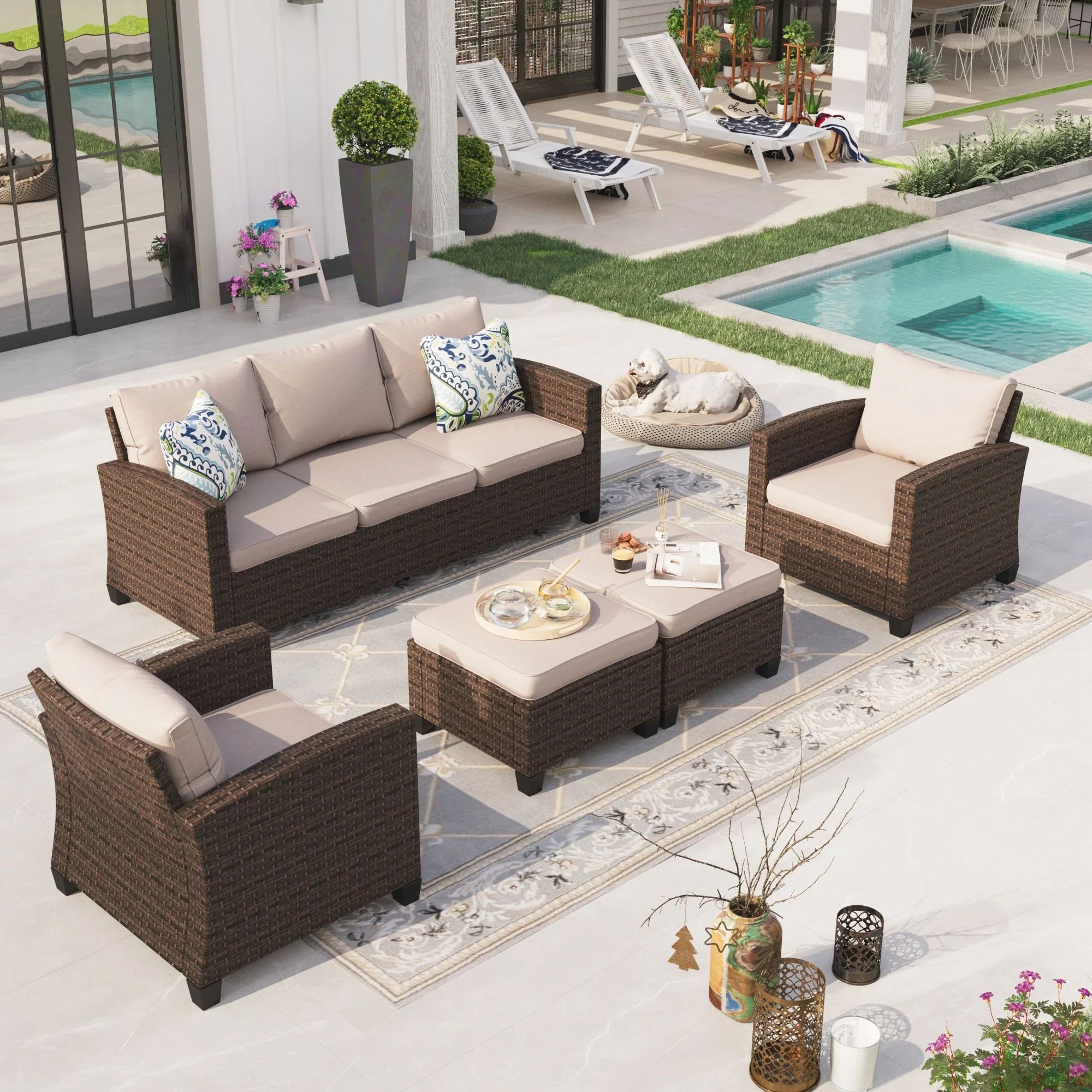 Sophia & William 5 Pieces Wicker Patio Furniture Set 7-Seat Outdoor Conversation Set, Beige | Walmart (US)