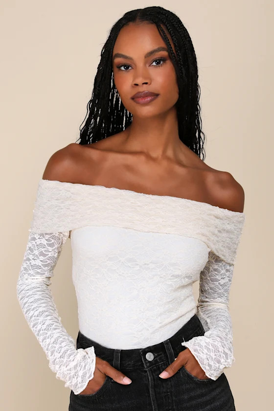 Serene Date Cream Lace Off-the-Shoulder Long Sleeve Top | Lulus