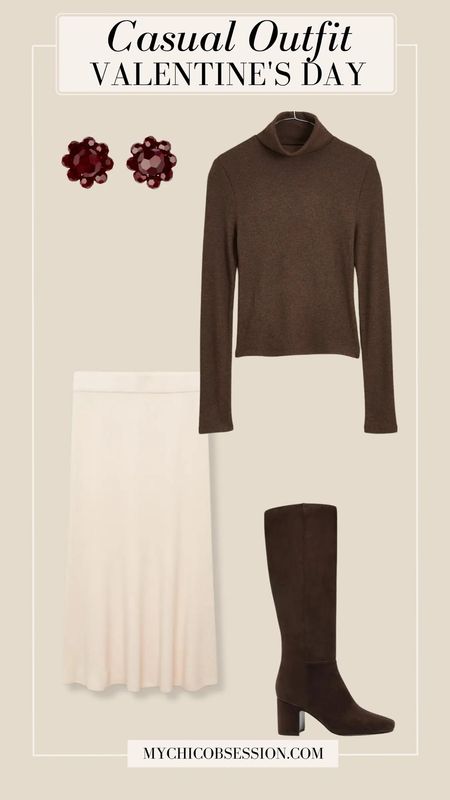 If Valentine’s Day colors aren’t your vibe, try this chic, neutral look instead. Pair a cream ribbed skirt with a brown turtleneck, knee-high boots, and coordinating earrings. 

#LTKstyletip #LTKSeasonal