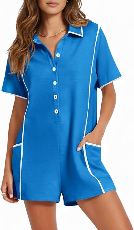 Fisoew Womens Casual Rompers Summer Short Sleeve Polo V Neck Button Down Loose Fit Short Jumpsuit... | Amazon (US)