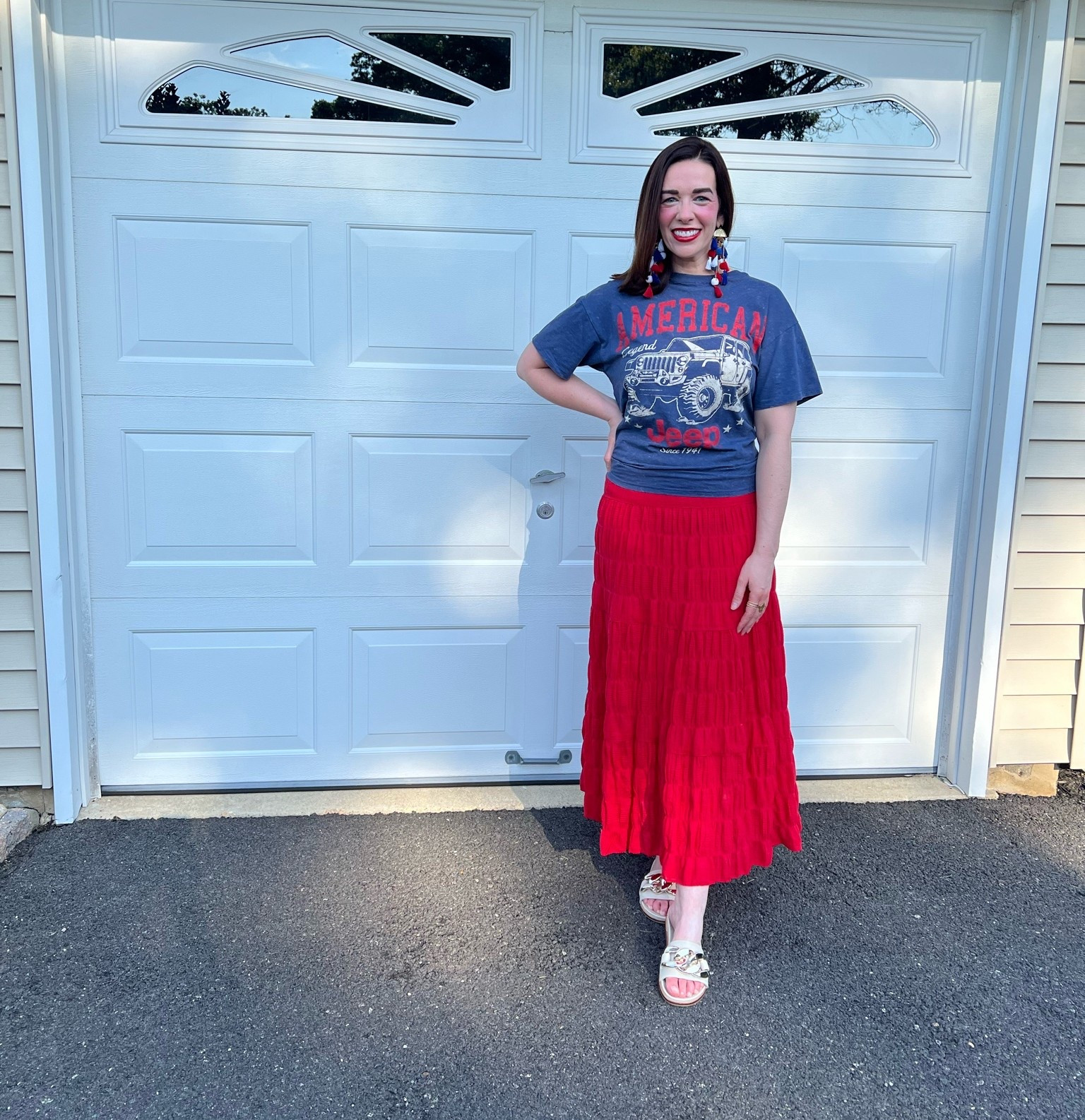 Blue American Ford graphic t-shirt (s). Red tiered maxi skirt (s). Beige gold chunky slides (8.5). #graphictshirt #bluetshirt #americanfordtshirt #tshirt #skirt #maxiskirt #redskirt #tieredskirt #slides #beigeslides #chunkyslides #fourthofjulyoutfit #summeroutfit 
summer outfits

#LTKootd #LTKSeasonal