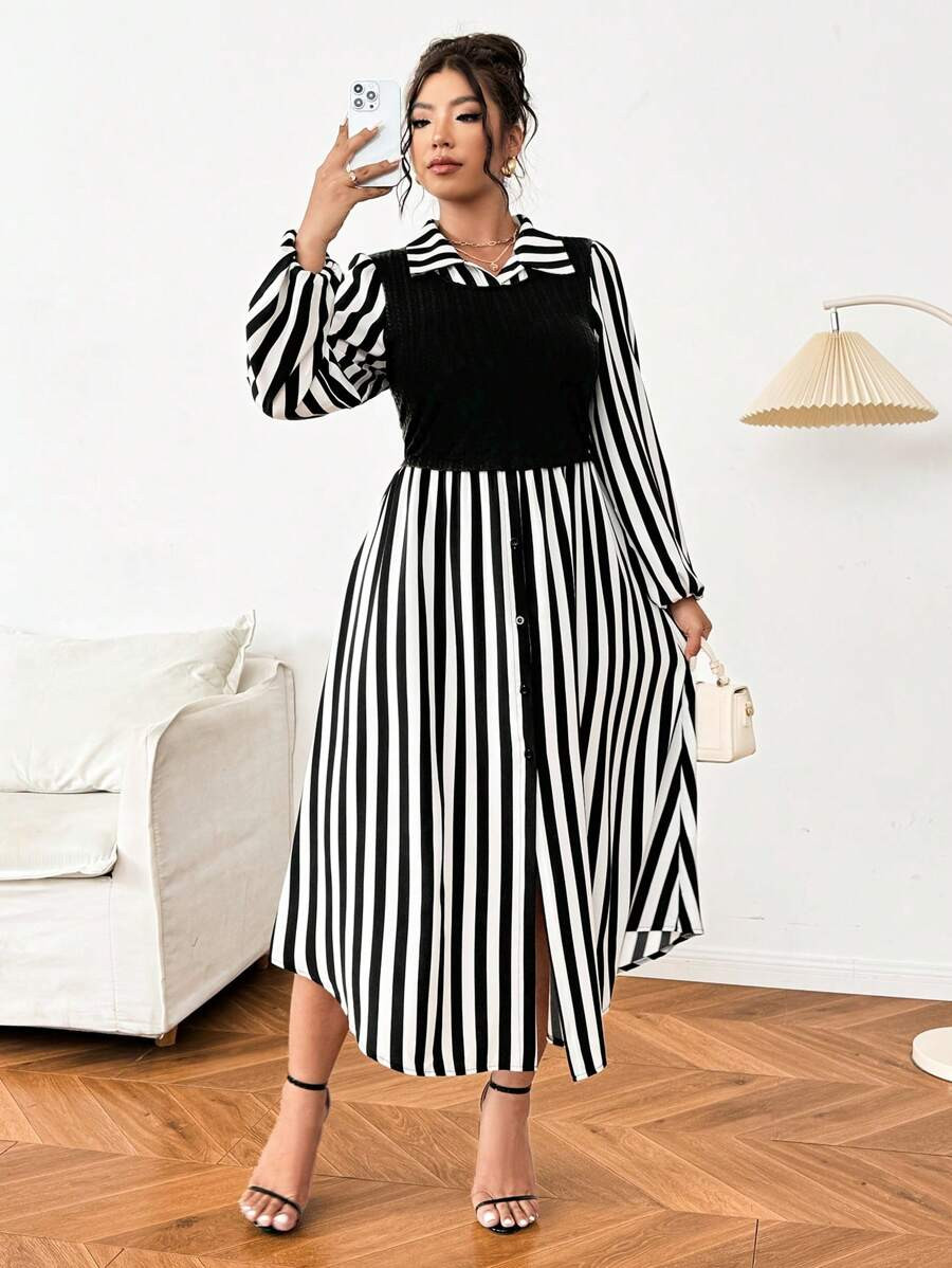 Vionelle Plus Size Casual Frenchy Elegant Striped Patchwork Mock Dress, Autumn Maxi Women Outfit Fall Cloth For Women Office Formal Black And White Black | SHEIN