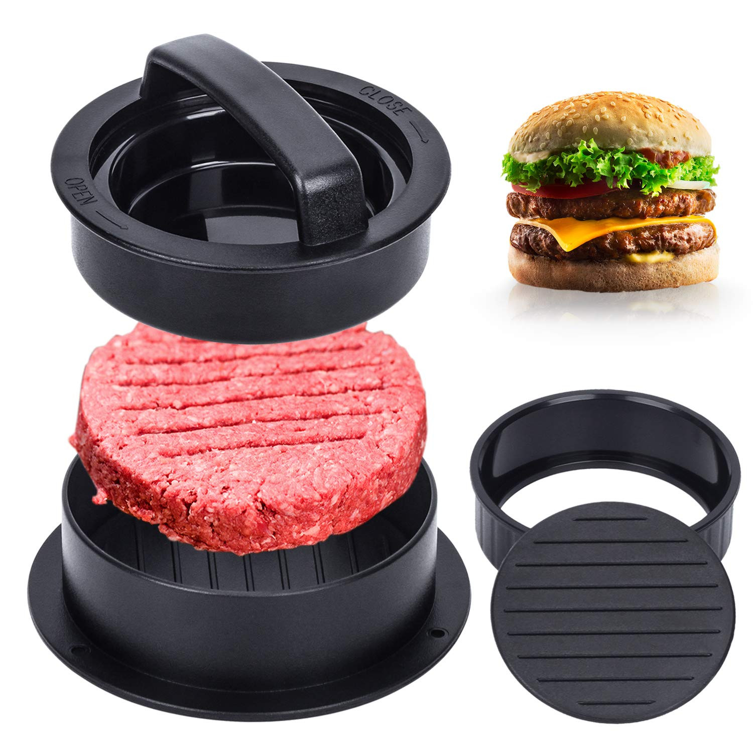 Burger Press, Hamburger Press Patty Maker With 100Pcs Hamburger Patty Paper, 3 in 1 Non Stick Pat... | Amazon (US)