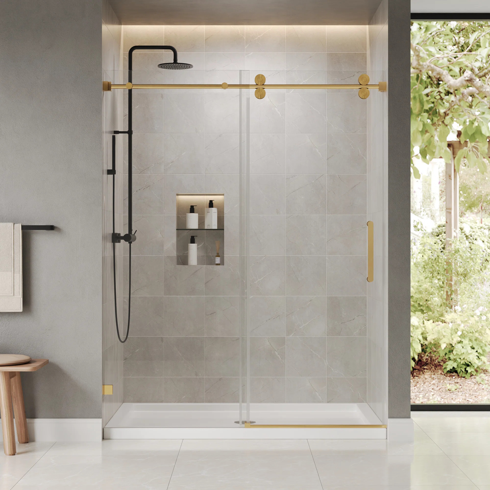 DeerValley 56" - 60" W x 76" H Single Sliding Frameless Shower Door with 3/8" Tempered Glass, Sta... | Wayfair North America