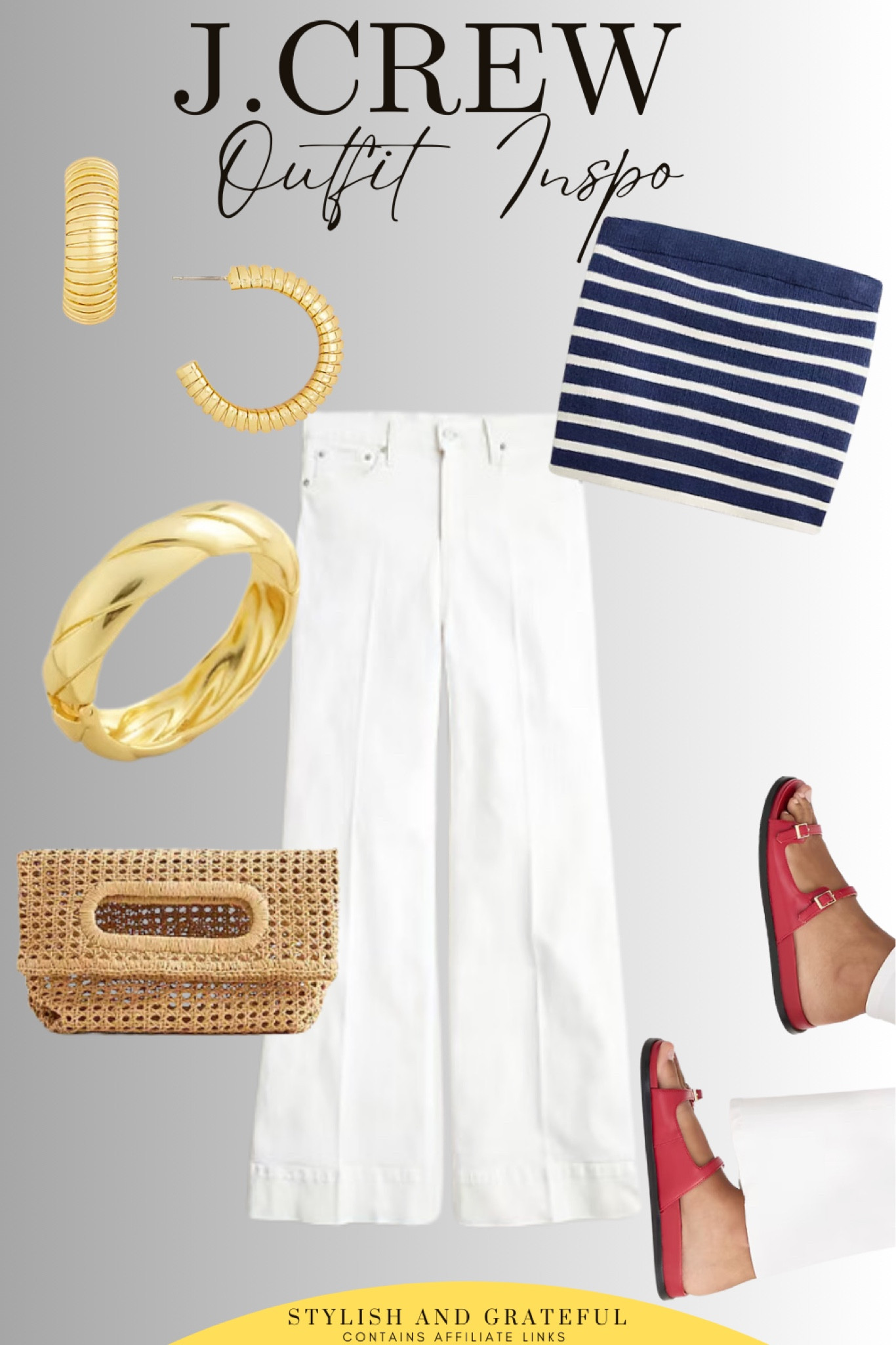 ⚓ Sail into summer with J.Crew's nautical-inspired look! ⚓
🟦 Striped Tube Top: Stay stylish with this classic navy and white striped tube top, perfect for summer days.
🤍 White Wide-Leg Pants: These chic and comfortable white wide-leg pants are a versatile addition to your wardrobe.
👡 Red Buckle Sandals: Add a pop of color with these trendy and comfy red buckle sandals.
👜 Woven Clutch: Accessorize with this elegant woven clutch, ideal for carrying all your essentials.
✨ Gold Jewelry: Complete your look with these stunning gold hoop earrings and a bold gold ring.
Shop these timeless pieces now and elevate your summer style! 🌞✨
#LTKsummer #JCrewStyle #SummerOutfit #AffordableFashion #FashionFinds #OOTD #FashionBlogger #CasualChic #SummerWardrobe #StylishAndGrateful

#LTKMidsize #LTKTravel #LTKOver40