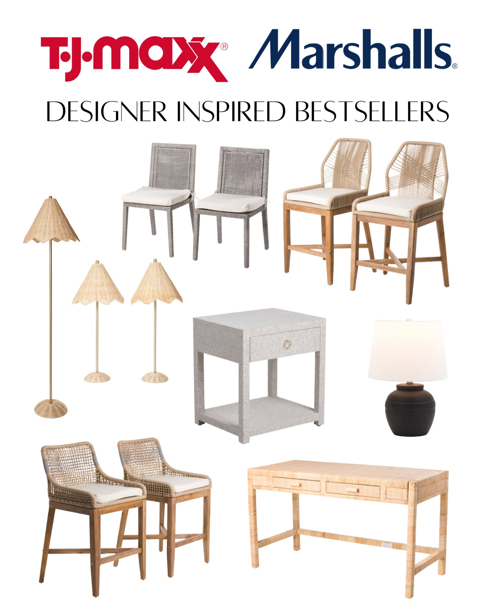 Designer inspired dupes. Rattan lamp, floor lamp, counter stool, dining chair, rattan desk, table lamp, nightstand 

#LTKstyletip #LTKsalealert #LTKhome
