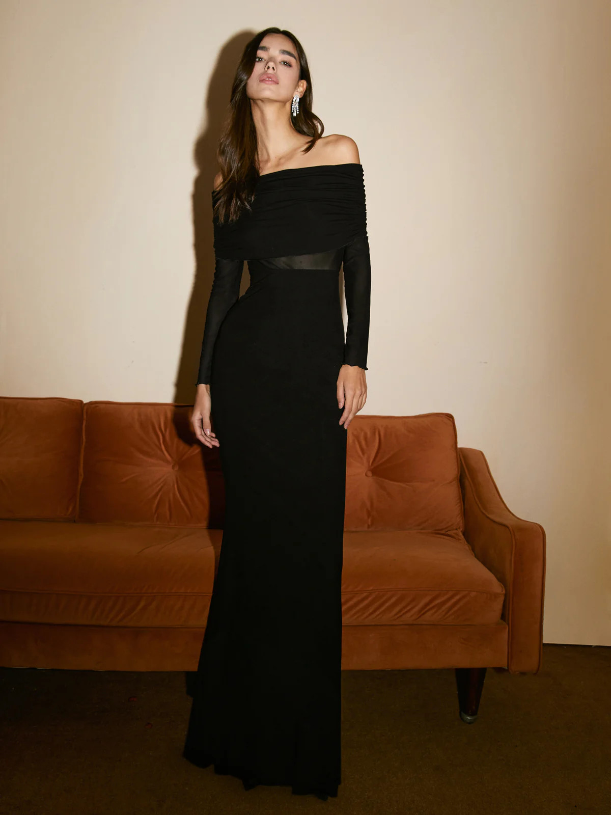 Overfold Off-Shoulder Mesh Long Sleeve Long Dress | Commense