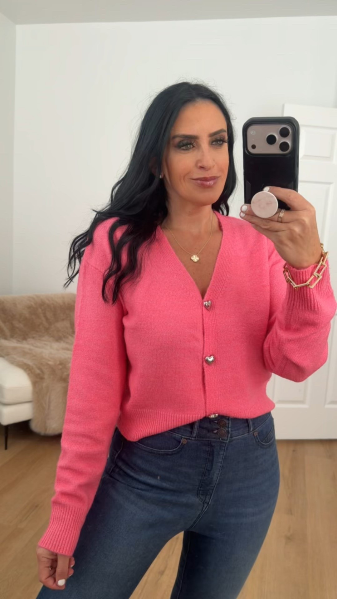 V-Neck Heart Button Cardigan wearing size small. 