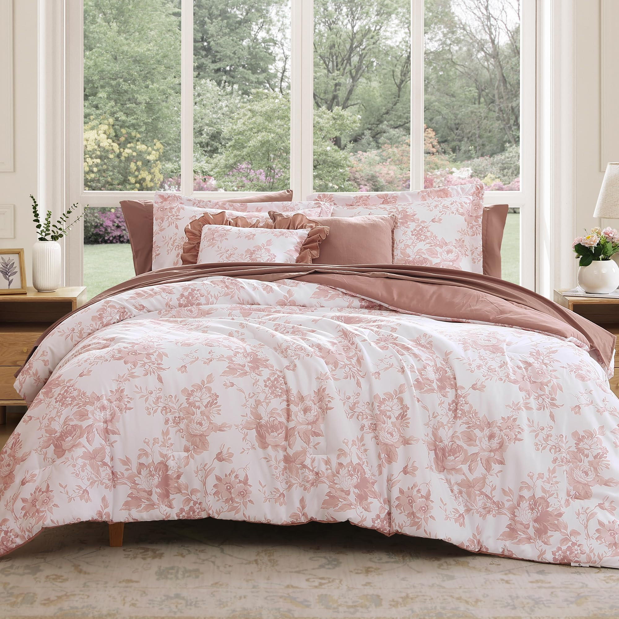 Queen Comforter Set -7 Pieces Pink Floral Comforter Set for All Seasons, Bed in a Bag Queen with ... | Amazon (US)