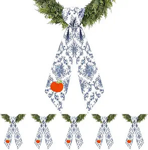 XunYee 6 Pcs Fall Pumpkin Wreath Sash for Front Door, Embroidered Orange Pumpkin Garland Ribbon B... | Amazon (US)