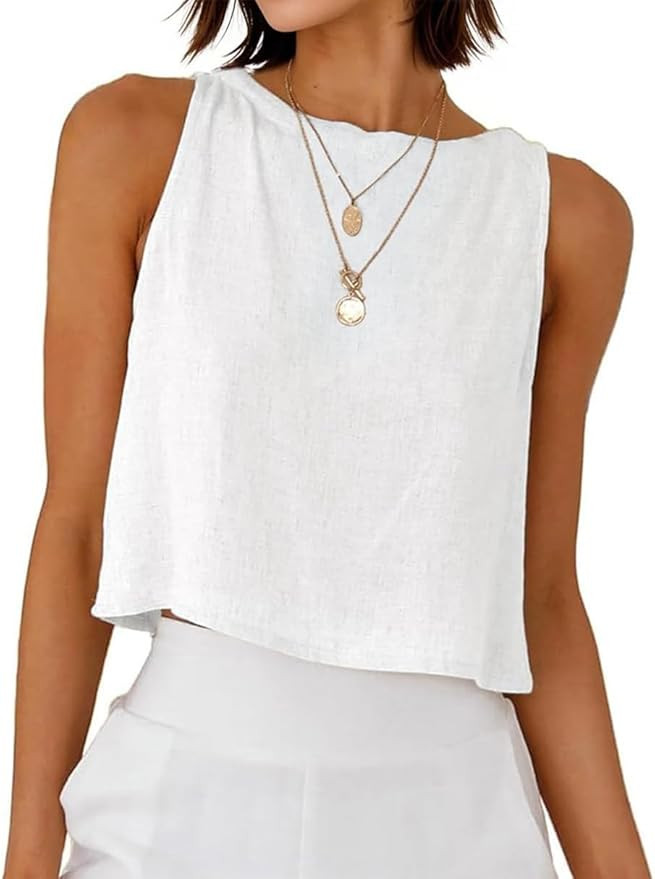 Women Linen Cropped Tank Tops Spring Summer Sleeveless Casual Cute Beach Tops | Amazon (US)