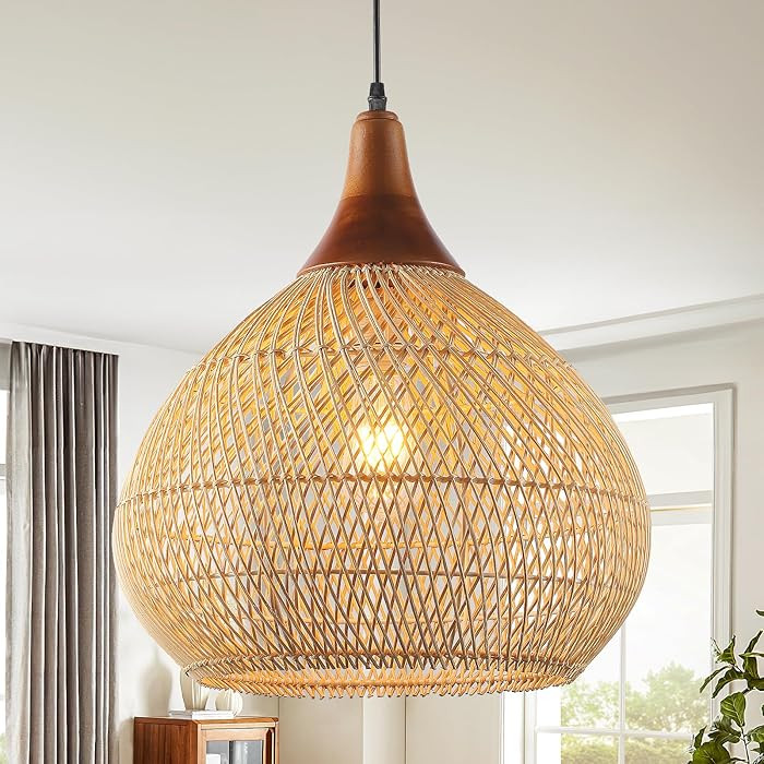 Rattan Pendant Light, 15.7" Rattan Chandelier Hand-Woven Boho Pendant Light Fixtures with Solid W... | Amazon (US)