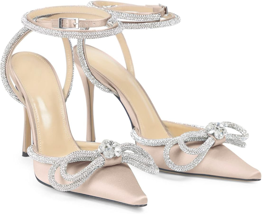 LauraVicci Women's Heeled Sandals Pointed Toe Crystal Embellished Bow Ankle Straps Rhinestone Buc... | Amazon (US)