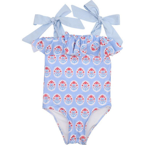 Blue And Red Floral Block Print Lycra Swimsuit | Cecil and Lou