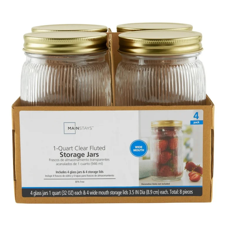 Mainstays 32 oz Airtight Clear Fluted Glass Wide Mouth Storage Jars (4 Count) | Walmart (US)