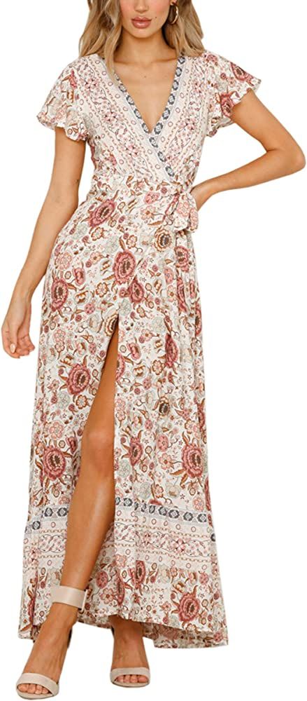 ECOWISH Women's Dresses Bohemian Wrap V Neck Short Sleeve Ethnic Style High Split Beach Maxi Dress | Amazon (US)