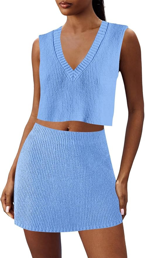 ReachMe Womens 2 Piece Sweater Set Rib Knit Crop Vest Tops Bodycon Skirt Casual Outfits Dress Dee... | Amazon (US)