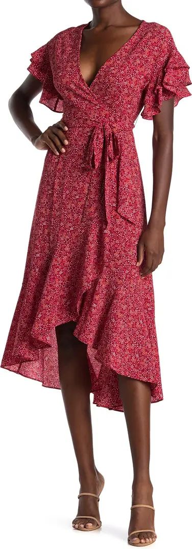 MAX STUDIO Ruffle Crepe High/Low Wrap Midi Dress | Nordstrom Rack