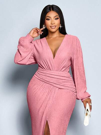 SOLERSUN Plus Size Women's Solid Color Autumn And Winter Temperament Elegant V-Neck Asymmetrical Cross Hem Puff Sleeves, Suitable For Parties And Music Festivals,Long Sleeved Hem Slit Dress Texture Fabric,Fall Wedding Guest Dress,Elegant Dress For Women,Prom Dress,Black Dress,Sexy Dress | SHEIN
