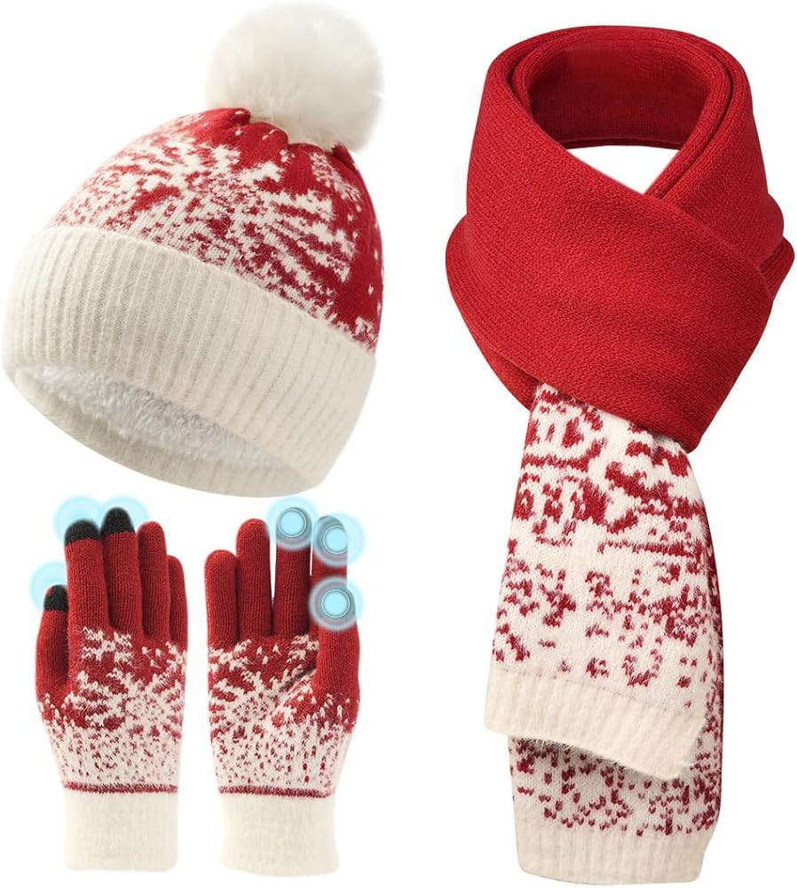 Womens Beanie Hat Scarf Gloves Set,Winter Warm Touchscreen Gloves Fleece Lined Hat Long Knit Scar... | Amazon (US)