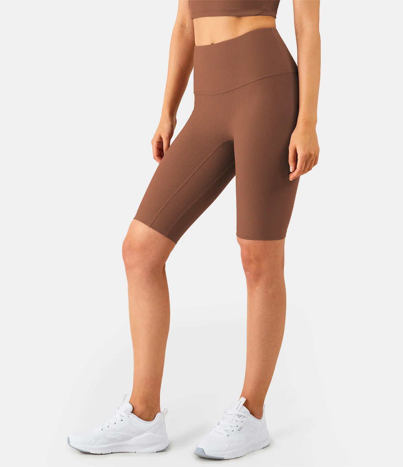 Halara High Waisted Ribbed Knit Plain Biker Shorts - Double Shot - Coffee - M biker shorts women bla | HALARA