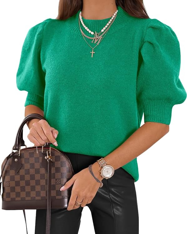 Women's Puff Short Sleeve Sweater Tops 2023 Spring Summer Trendy Crew/Square/V Neck Casual T Shir... | Amazon (US)