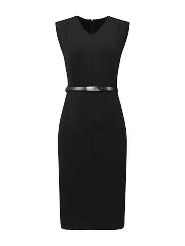 Women's Sleeveless 2026 Funeral Dress V-Neck Office Sheath Dresses with Belt | Amazon (US)