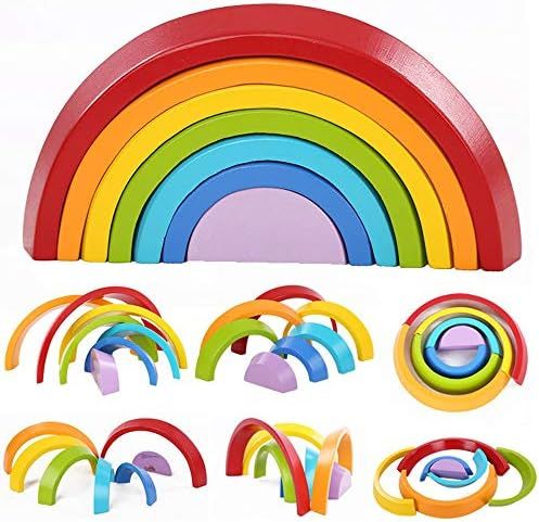 Montessori Wooden Rainbow Toy Colored Arch Bridge Blocks Set Shape Sorting Game Learning Toy Stac... | Amazon (US)