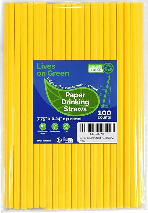 Solid Yellow Disposable Paper Drinking Straws 7.75 inch 100 Counts - for Beverage, Birthday, Part... | Amazon (US)