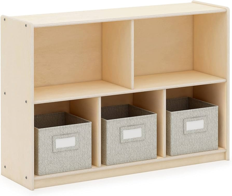 Guidecraft EdQ 5 Compartment Storage 30'' Natural with 3 Fabric Bins: Wooden Kids Bookcase, Two S... | Amazon (US)