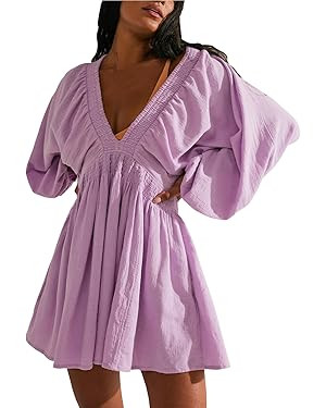 Ladyful Women's Cotton Linen Mini Dress V Neck A-Line Beach Sundress | Amazon (US)