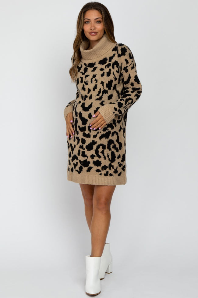 Taupe Leopard Turtleneck Maternity Sweater Dress | PinkBlush Maternity
