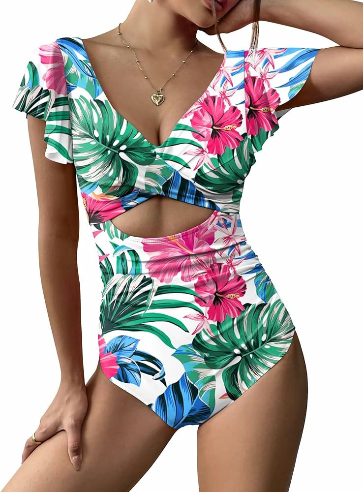 AI'MAGE Women's Ruffle One Piece Swimsuit V Neck Tummy Control Bathing Suits Cutout Backless Swim... | Amazon (US)