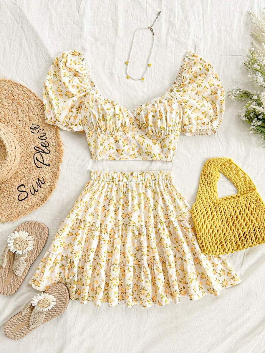 SHEIN WYWH Women's Vacation Vintage Yellow & White Ditsy Floral Puff Sleeve Sweetheart Neck Top A... | SHEIN