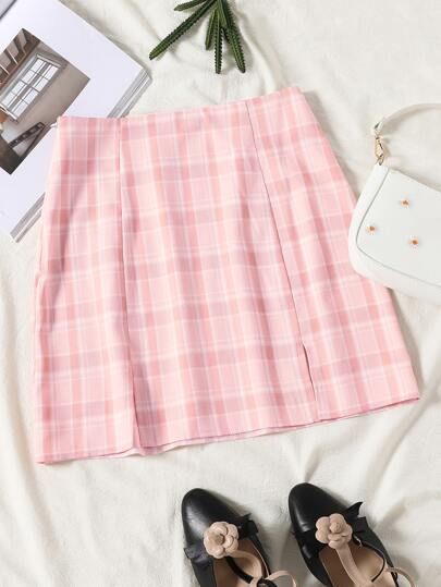 Plaid Split Hem Skirt | SHEIN