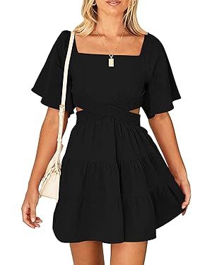 Women's Summer Dresses Square Neck Casual Short Sleeves Crossover Elastic Waist Party Mini Dress | Amazon (US)