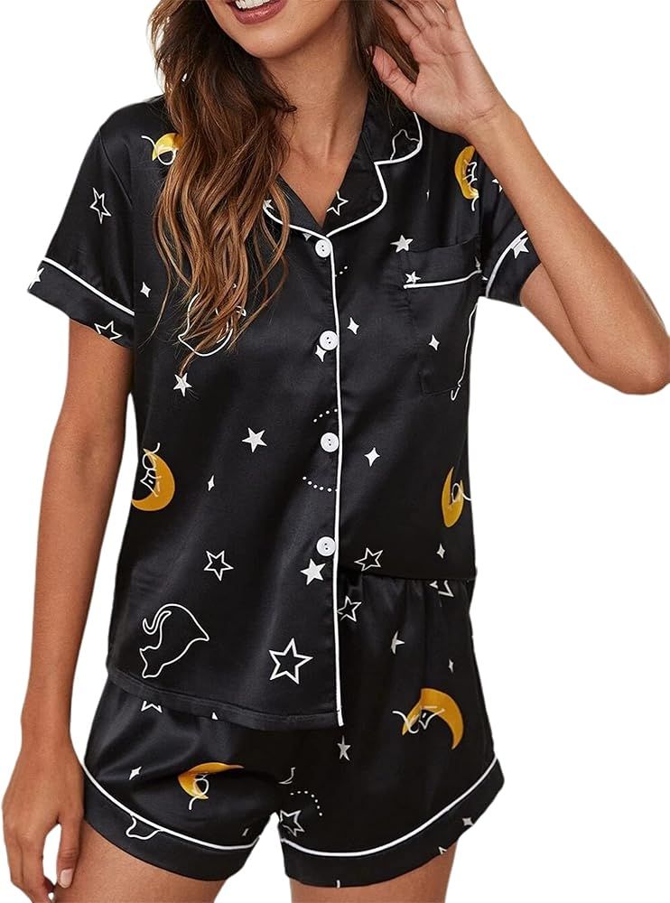 Avanova Women's Dinosaur Graphic Stain Silk Sleepwear Short Sleeve Summer Button Down 2 Piece Paj... | Amazon (US)