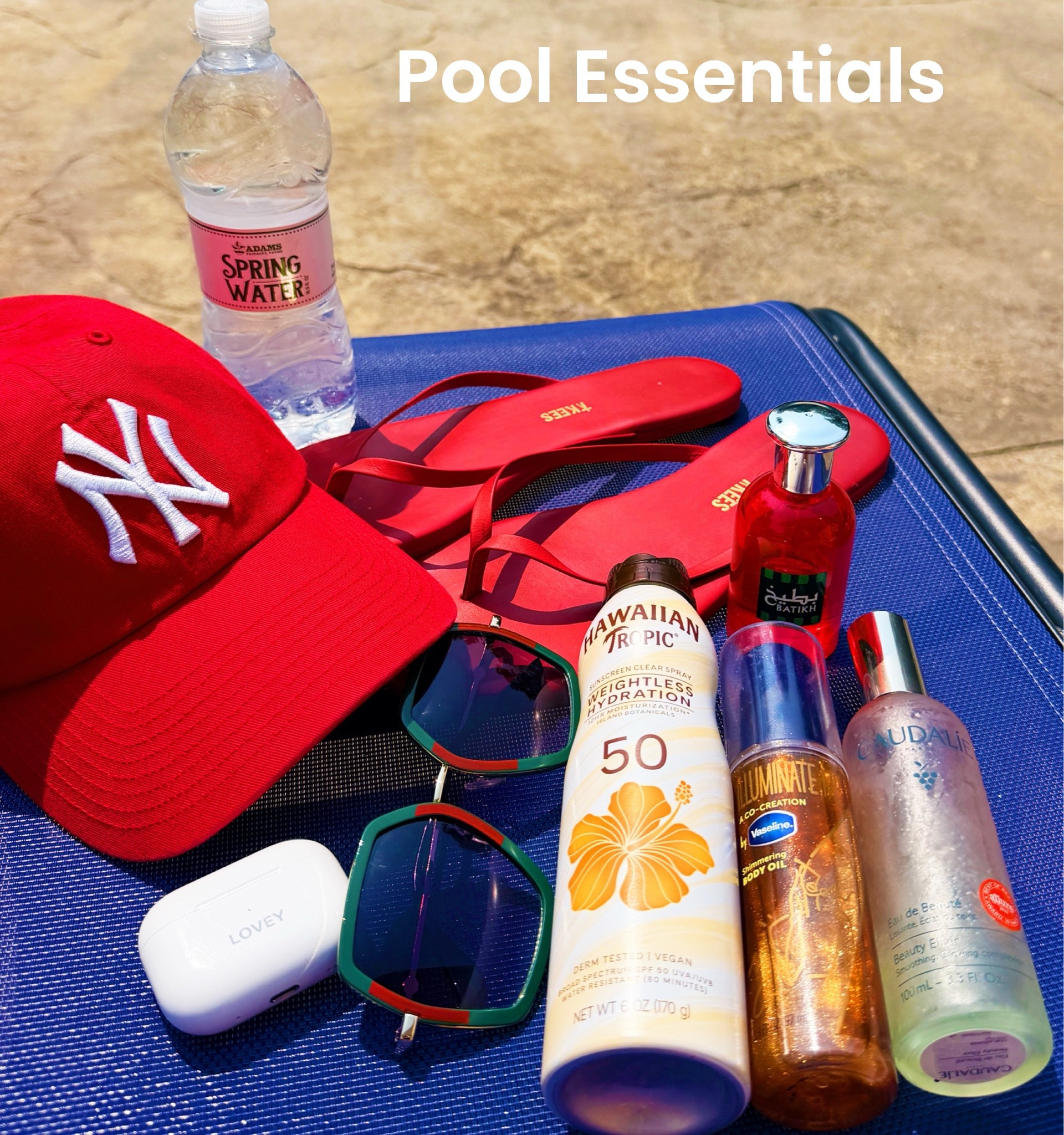 Pool Essentials: 
Baseball Cap
Sunnies - Amazon Gucci Dupe
Flip Flops - Tkees
AirPods
Sunscreen - Hawaiian Tropics Spray On
Vaseline Shimmer Oil
Caudalie Elixir
Paris Corner Batik Watermelon Perfume

#LTKdayinmylife #LTKSeasonal #LTKOver40