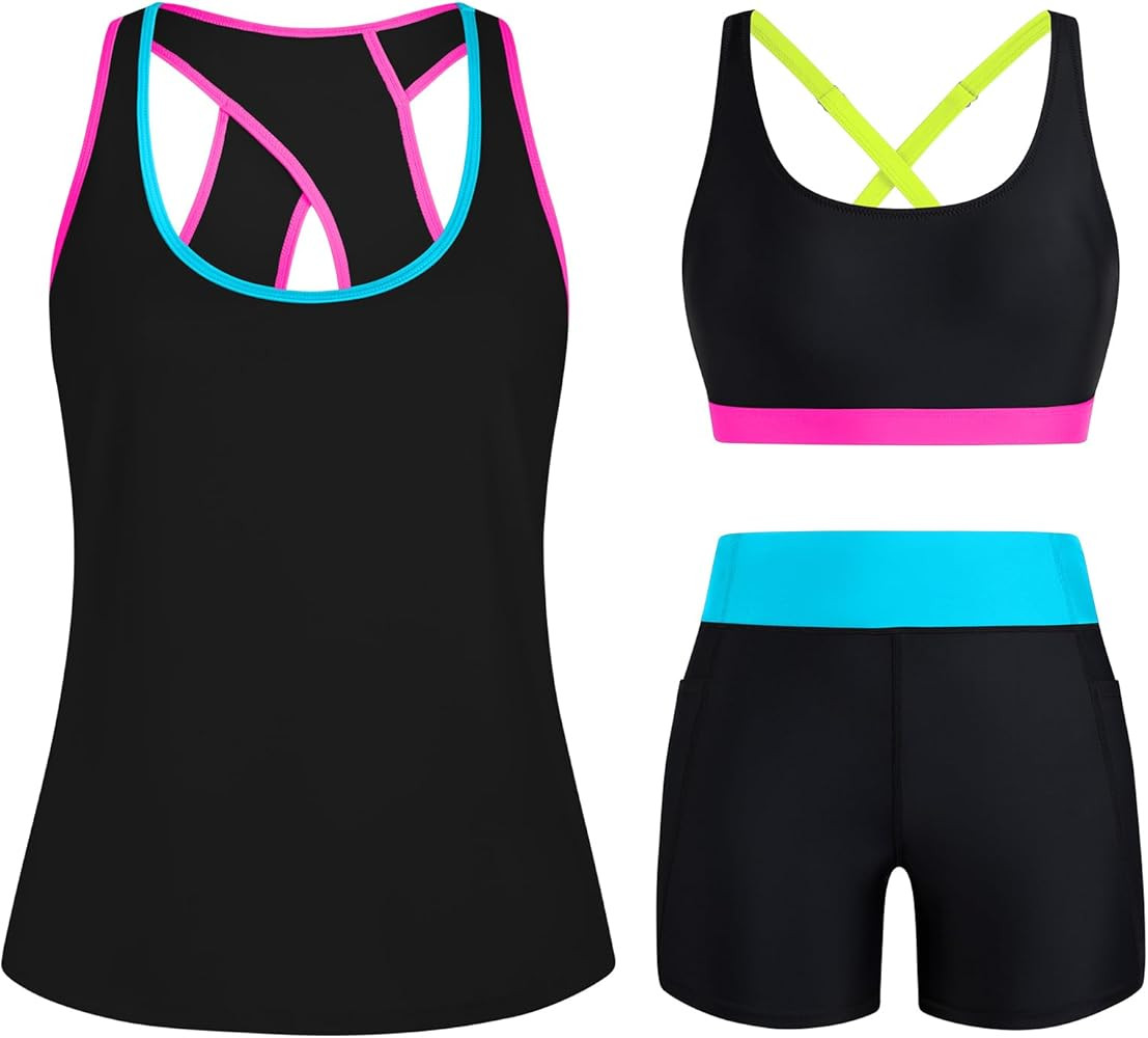 HUSKARY 3 Piece Tankini Swimsuits for Women Swim Tank Top with Bra and High Waist Boy Shorts with... | Amazon (CA)