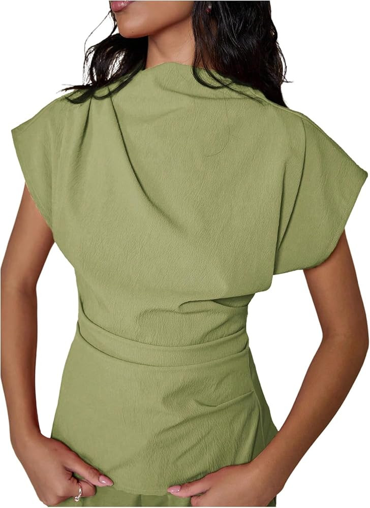 Floerns Women's Short Dolman Cap Sleeve Ruched Mock Neck Zipper Back Dressy Casual Tee Shirts | Amazon (US)