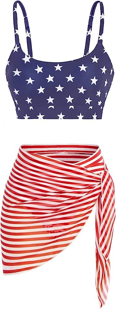 Kate Kasin Women Tie Dye Bikini Set Scoop Neck 3 Piece Swimsuits with Short Sarong | Amazon (US)